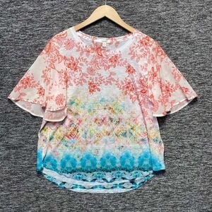 Concepts Flutter Sleeve Top Women XL Multi Floral Tie Dye‎ Boho Casual Blouse